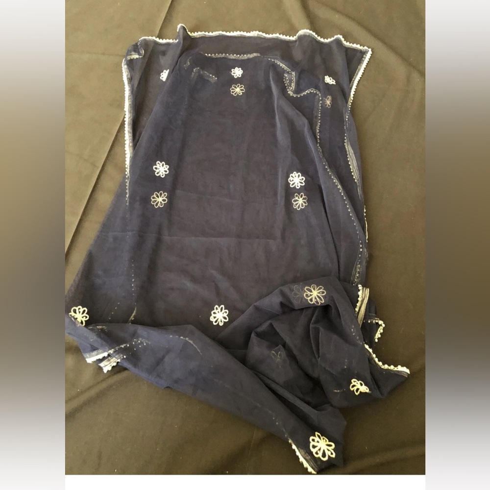 Large 50” Vintage Silver Blue Shawl Scarf Embroidered
